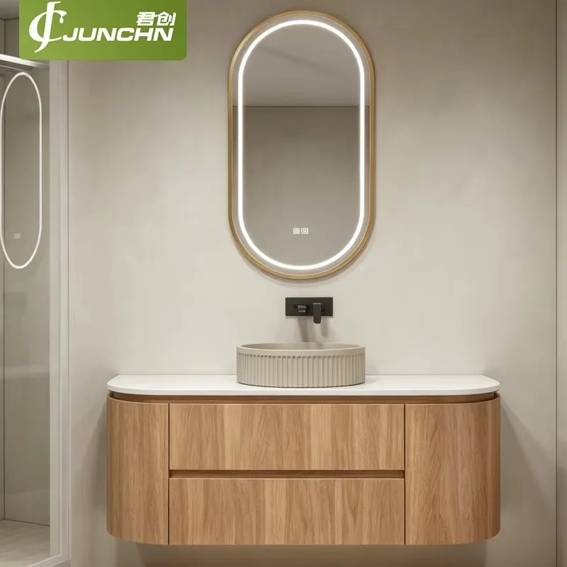 Modern Curved Floating Bathroom Vanities,Gold Frame Oval Smart LED Anti-Fog Touch Mirror, Custom Size Available Hotel Bathroom