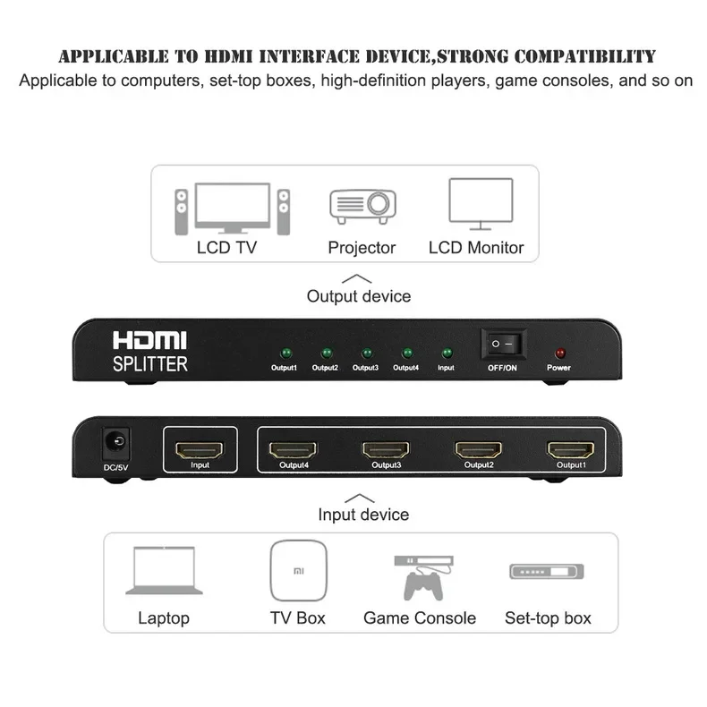 4K HDMI Splitter 1 in 4 out HDMI Video Distributor Splitter 1x4 Converter Duplicate 4 Screen Display for PC PS3/4 HDTV Projector