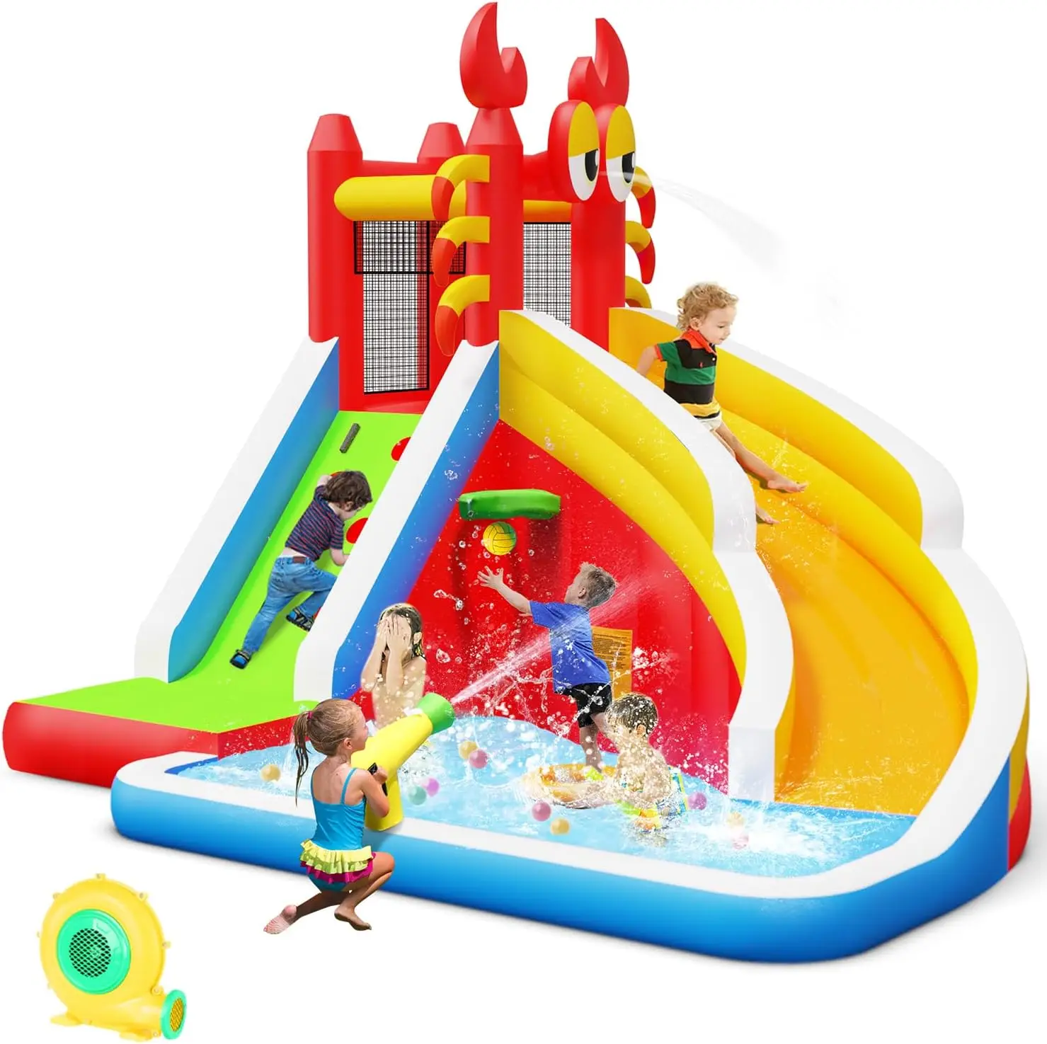 Large Inflatable Bounce House with Water Slide for Kids - Includes Splash Pool, Climbing Wall, Basketball Hoop & Water Gun for Indoor/Outdoor Backyard Parties - Comes with Air Blower, Repair Kit, Carrying Bag