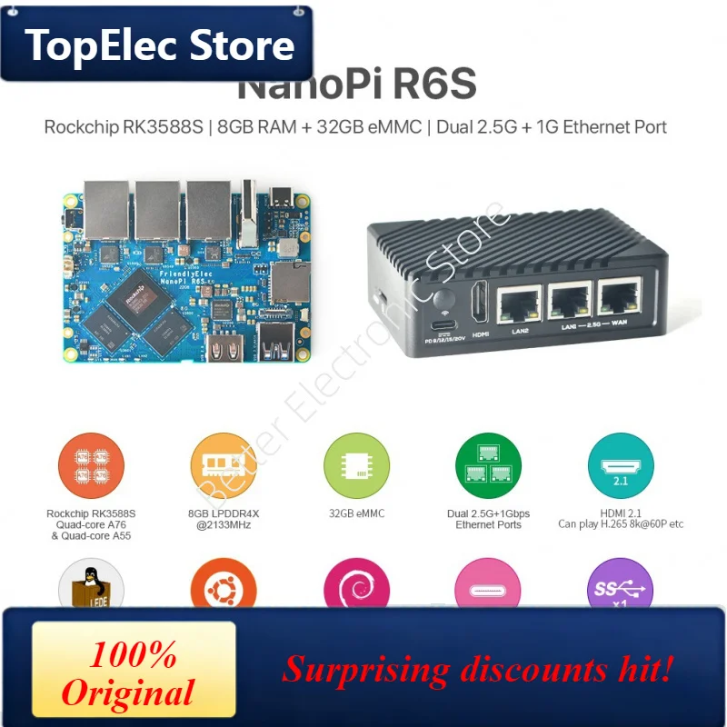 TopElec NanoPi R6S Mini Development Board - RK3588 with Dual 2.5G + Gigabit Ethernet, 8GB RAM & 32GB eMMC (8K60P Supported)​