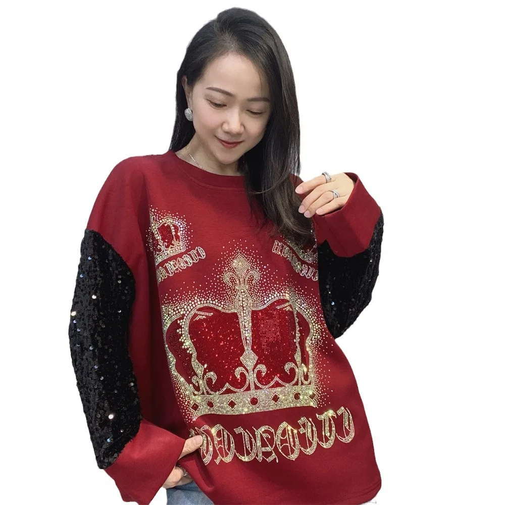 Loose Round Neck Color Block Long Sleeve Sweatshirts Women Spring and Autumn New Heavy Embellished Space Cotton Top 2025 New