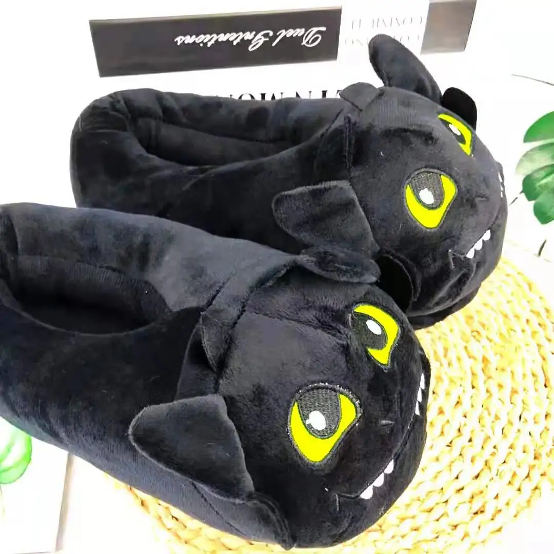 2024 Winter Warm Black Cat Unicorn Dragon Slippers Unisex Couples Furry Slippers Cute Indoor Home Pantoufle Bedroom Shoes