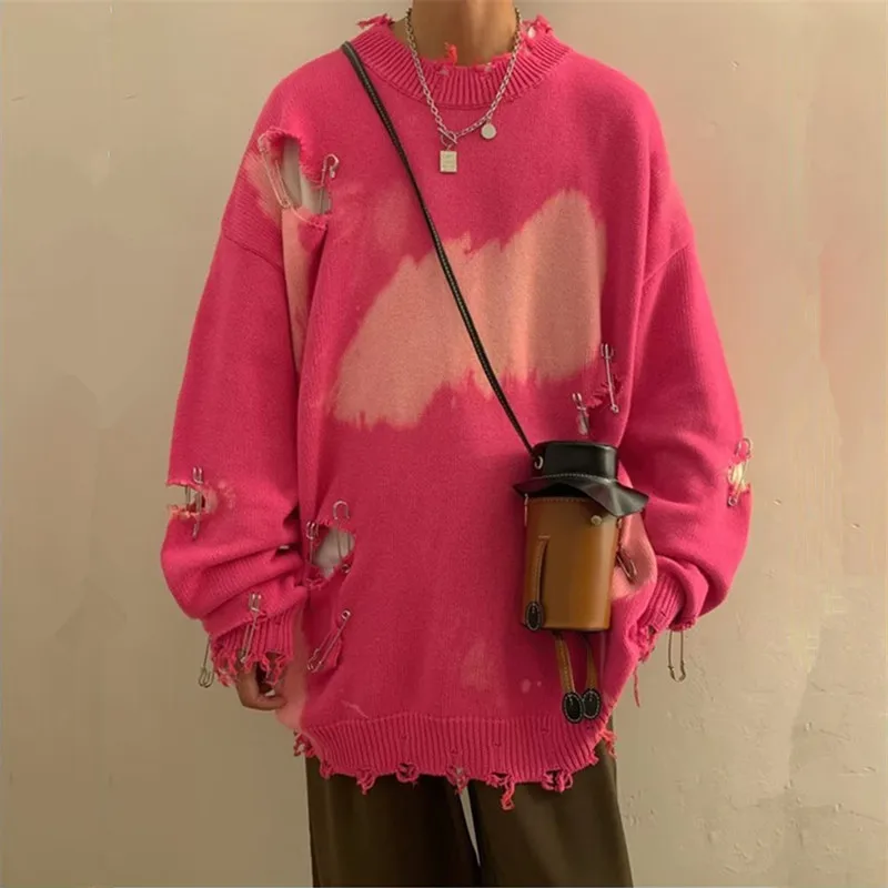 Fashion Couple Oversized Vintage Ripped Pullover Y2K Men Women Pink Knitted Sweater Hip Hop Mens Tie Dye Hole Knitwear Sweaters