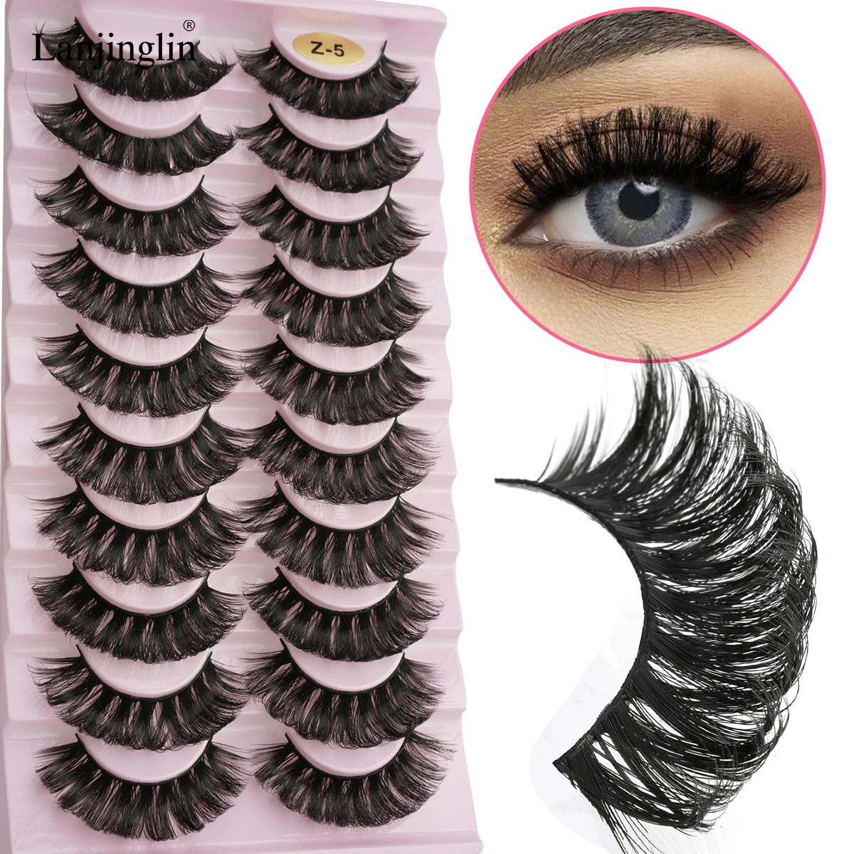 Lanjinglin 3/10 Paar falsche Wimpern, handgefertigt, flauschige Wimpern, natürliches Nude-Make-up, Simulation Kreuz, unordentliches Auge, 3D-lockige Wimpern