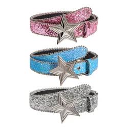 Damski pasek z klamrą w kształcie gwiazdy Y2k Luxury Bling Sequin Punk Metal Buckle Waist Strap Fashion Shiny PU Leather Waistband Jeans Belt