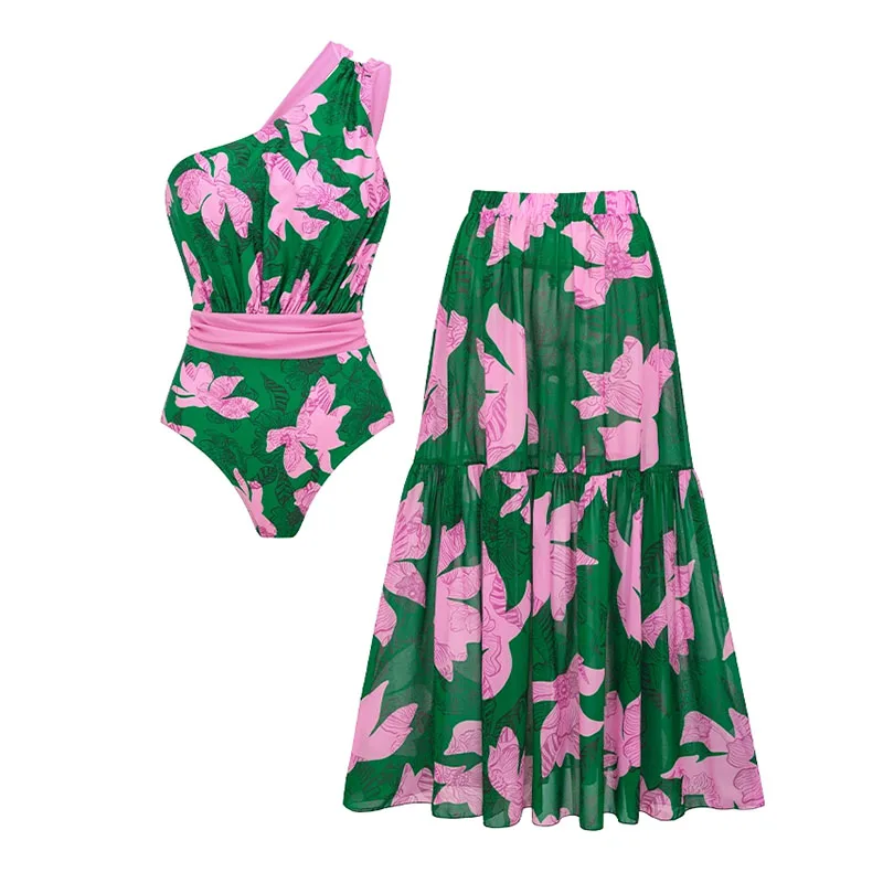 Summer Women New Print Swimsuit With Cover Up Floral Swimwear Sexy Swim Suit High Waist Bikinis Bodysuit Bathsuit Beachwear