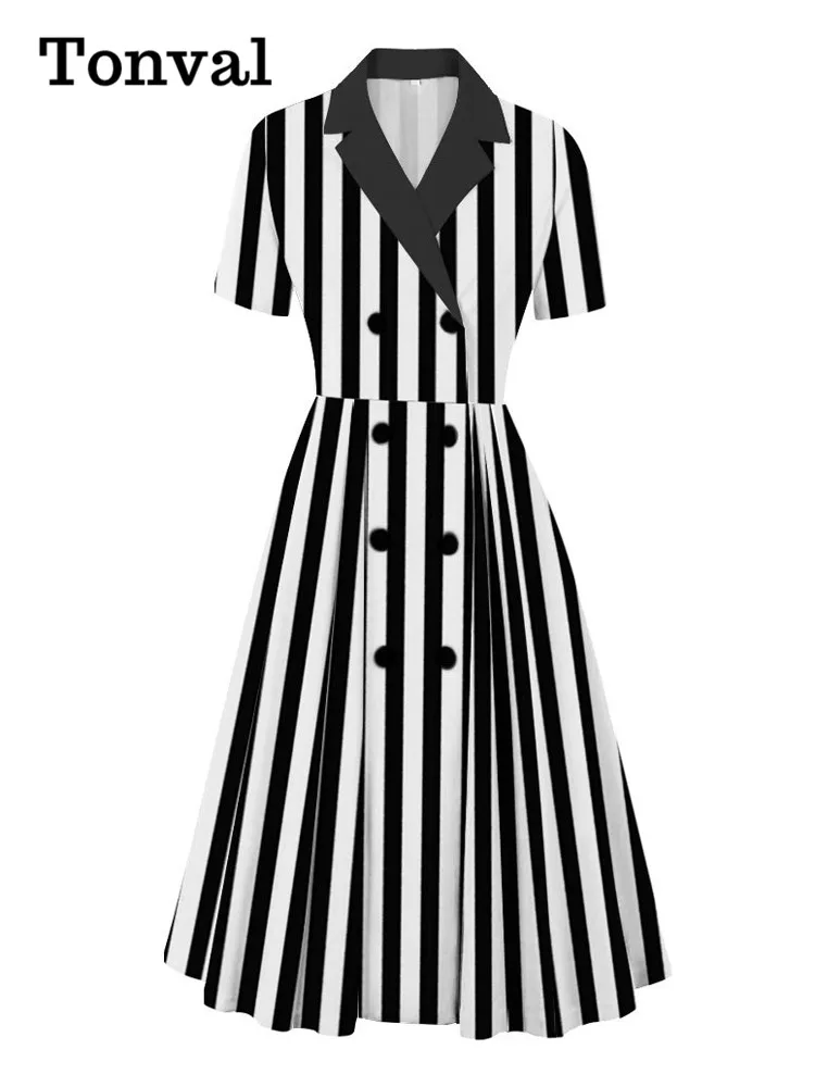 

Tonval Notched Collar Black and White Striped Print Tea Dress Formal OL Women Elegant Double Breasted Vintage Pleated Dresses