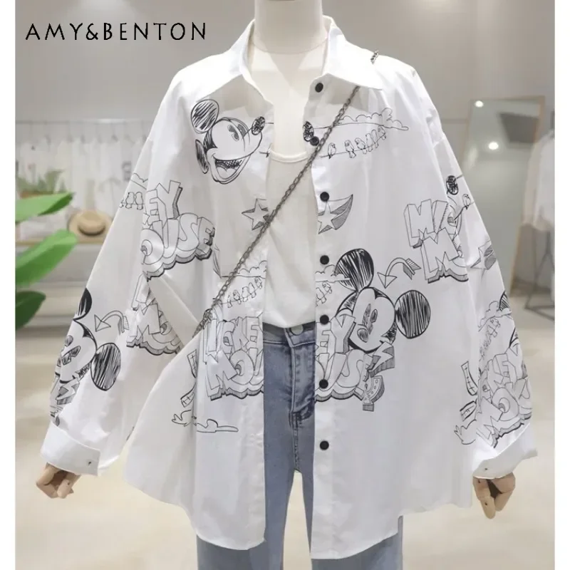 

Unique Design Cartoon Printing Single-breasted Shirt 2024 Autumn Loose Casual Thin Pink Cotton Top Long-sleeved Blouse For Women