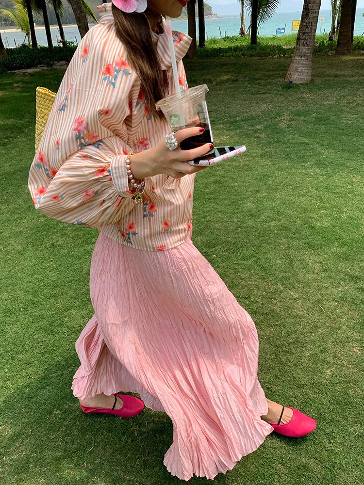 

Pink Floral Print Loose Women's irt Collar Spring 2024 New Arrival Cotton Long Sve Button up Casual Top