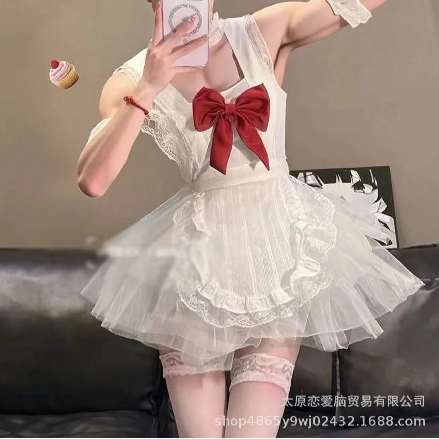 

New men's lingerie valet sexy pure desire chef ruffle edge apron lace passion free uniform suit