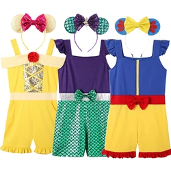 Disney Princess Girls Belle Jumpsuit Clothes Little Mermaid Ariel Casual Set For 2-10 Years Kids Daily Wear Snow White Outfit