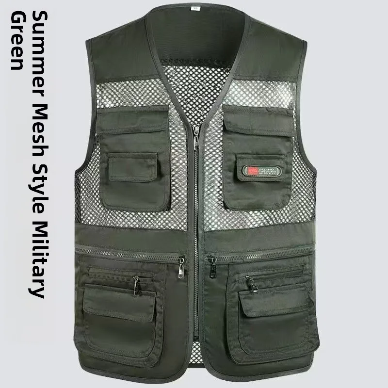 Summer Men's Mesh Vest Thin V-Neck Zipper Multi-Pocket Lightweight Outerwear Business Casual Standard Fit Polyester Fabric