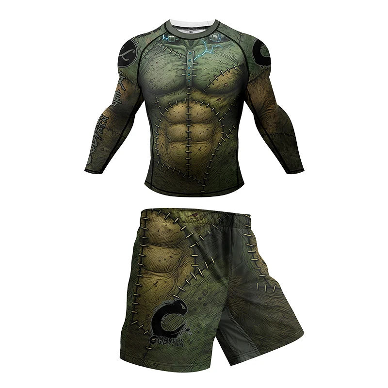 グリーンムセルコンバット MMA ファイトウェアボクシングセット圧縮男性スポーツ Tシャツ + パンツラッシュガード柔術 Bjj ラッシュガードキックボクシングセット