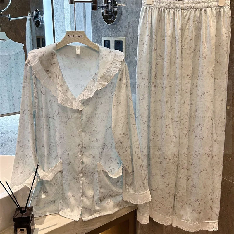 

Sweet Lace Trim Collar Sleepwear Female Pajamas Suit 2Pcs Long Sleeve Shirt Pants Print Flower Loungewear Cozy Home Clothes