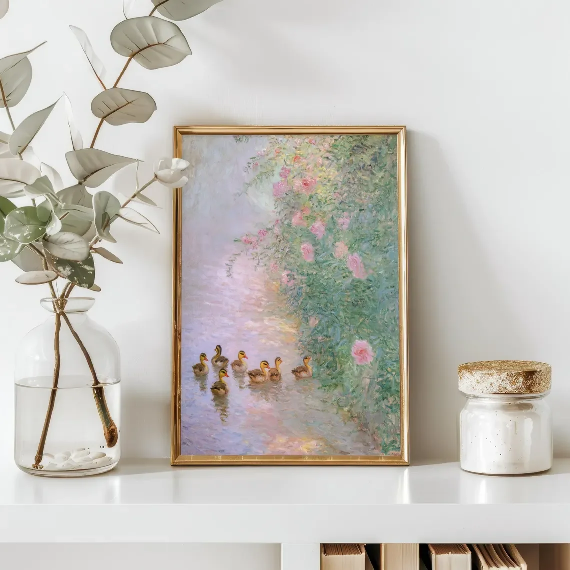 Soft Impressionist Ducklings Wall Print Decor - Dreamy Painting of Seven Ducklings Swimming in a Reflecting Stream, Framed by Cl