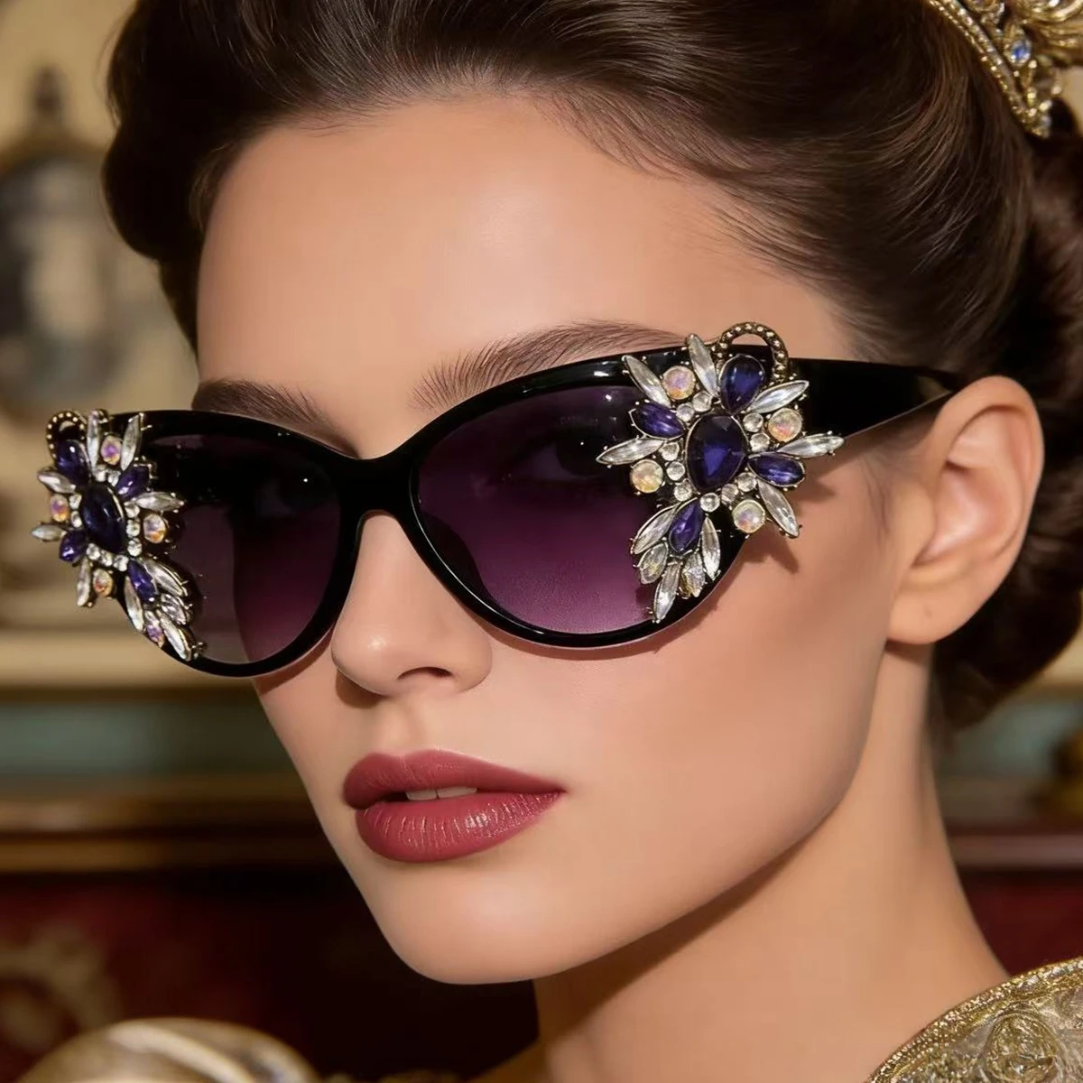 Óculos de sol olho de gato de luxo vintage feminino azul strass gradiente cinza lentes uv400 bling festa tons óculos de sol feminino