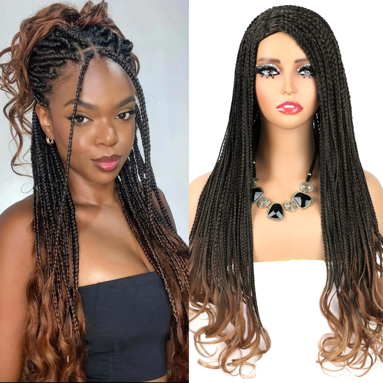

3X Box Braid Wig с вьющимися концами 26-дюймовые плетеные парики без узлов для женщин Черное синтетическое волокно Полностью машинное плетеное парик