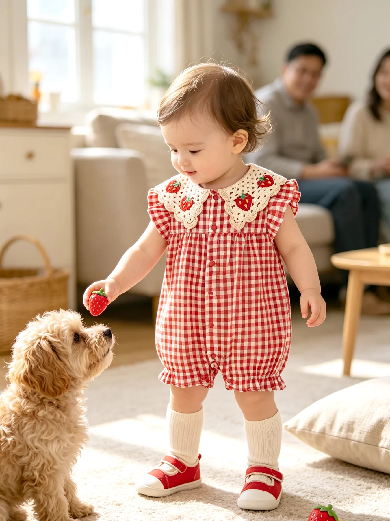 Ärmelloser Baby-Mädchen-Strampler: Gehäkelter, rot-weiß karierter, süßer Baby-Mädchen-Einteiler für den täglichen Sommergebrauch. – Detail 4
