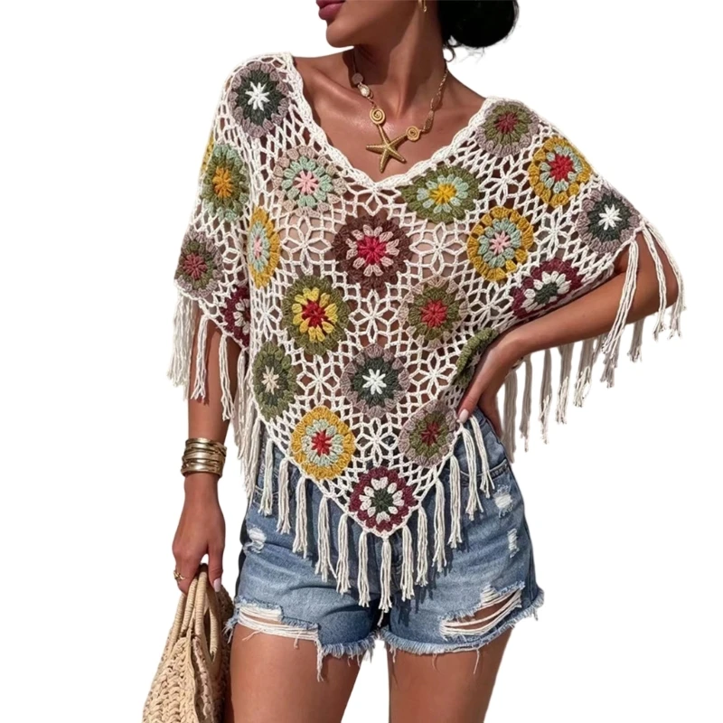 X5XA V Neck Crochet Beach Cover Up with Flower Blocking Detail and Accent Trim for Resort Day Outfit Layering and Travel