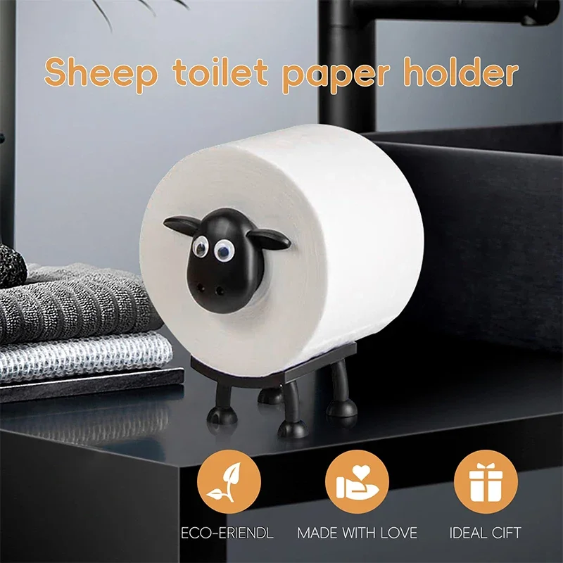 3pcs Sheep Toilet Roll Holder Funny Toilet Paper Holder Free Standing Bathroom Set Black Sheep Roll Rack Cute Bathroom Decor