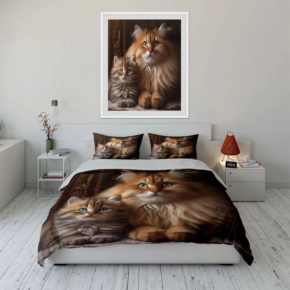 Fluffy cats close together Bedding Set for Kids Luxury Gift 3pcs Digital Print Comforter Set Soft Comfortable Breathable