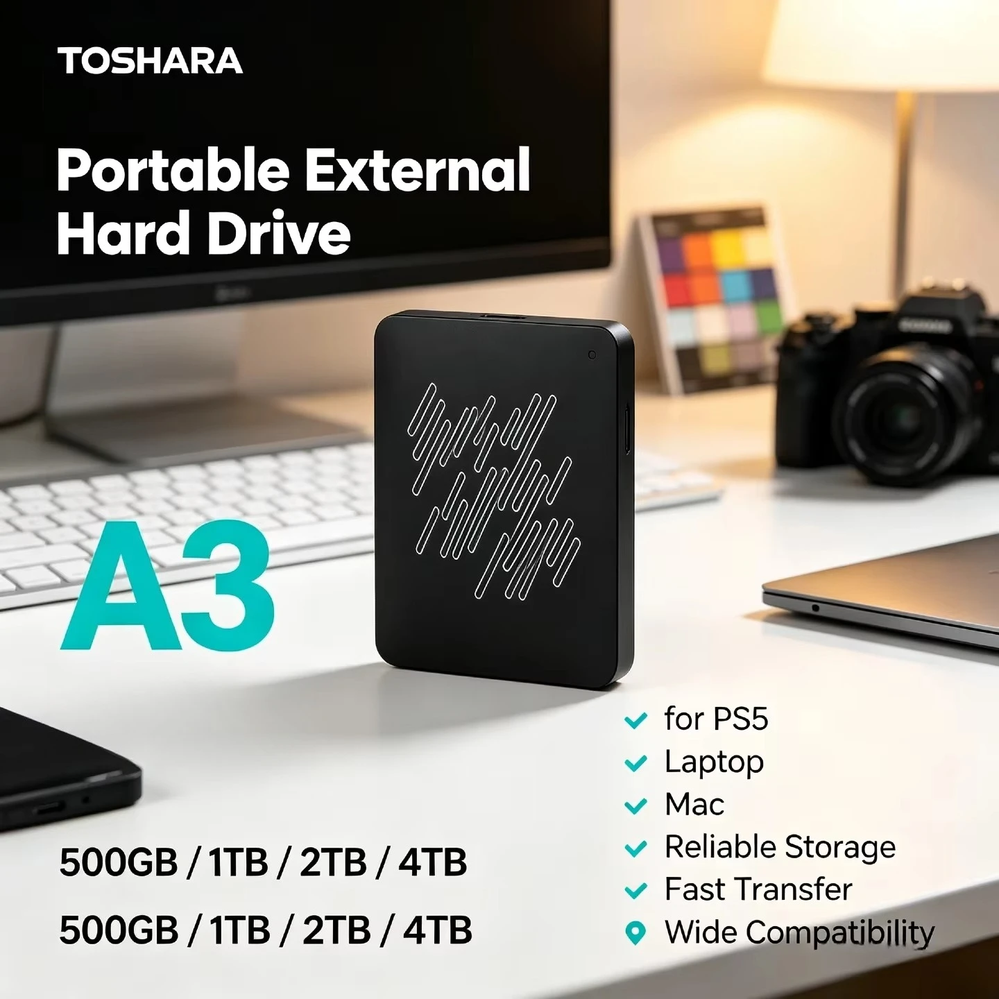 A3 TOSHARA Portable External Hard Drive 4TB 2TB 1TB 500GB for PC Laptop Mac Lightning Performance Rapid Load Response