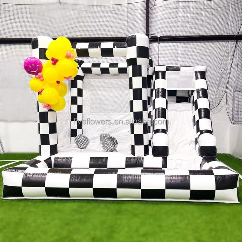 Racing Combination Bounce House Black and White Chessboard White Bouncy Castle with Slide