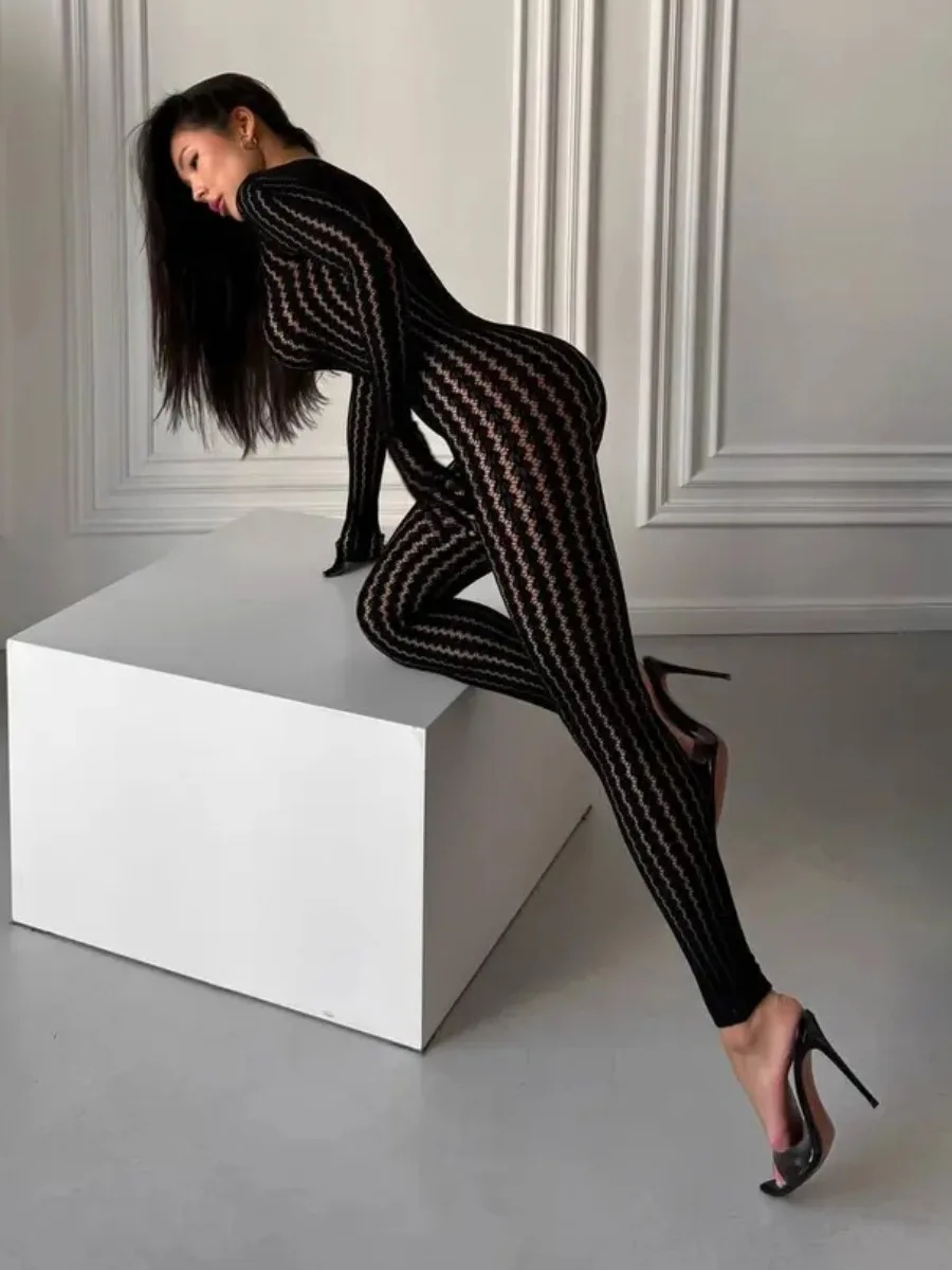Women's Burgundy Sheer Lace Jumpsuit Long Sleeve Bodycon One Piece Romper Openwork Pattern for Party Club Evening Wear view 4