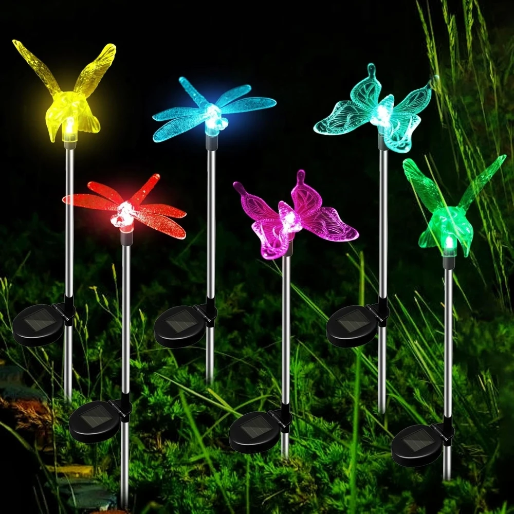 3pcs Solar Stake Lights Outdoor Color Changing Hummingbird Butterfly Dragonfly Lawn Lamp for Patio Yard Pathway Garden Walkway