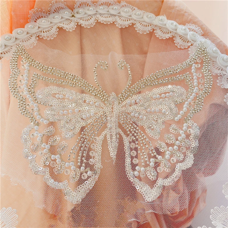 

10Pcs Big Patch Butterfly Wedding Dress Silver Sequins Beads Lace Applique Lace Trim Wedding Dress DIY Lace Accessories 14x21cm