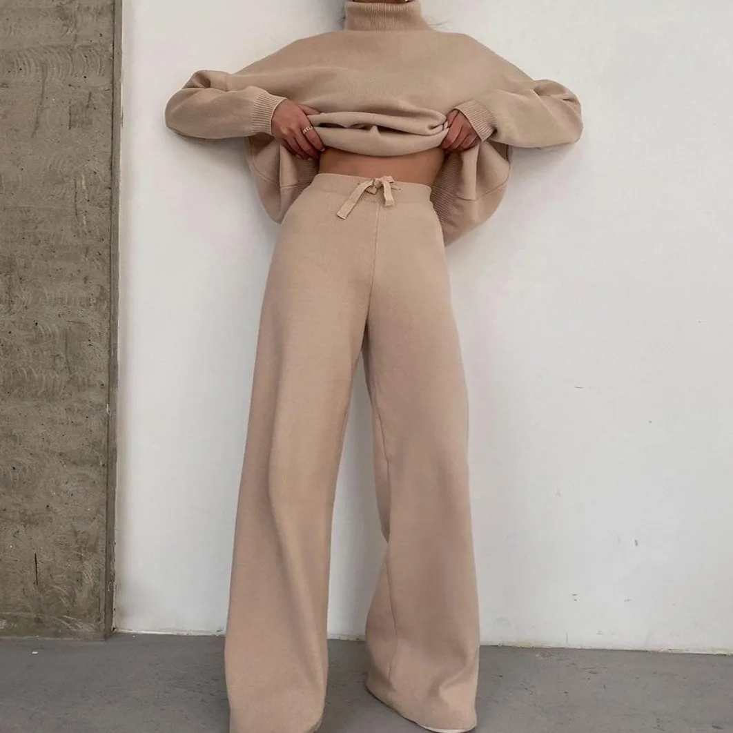 Fashionable Knitted Belted Casual Women's Two-Piece Set Autumn Winter Cross-Border Style High Waist Polyester Blend Pants