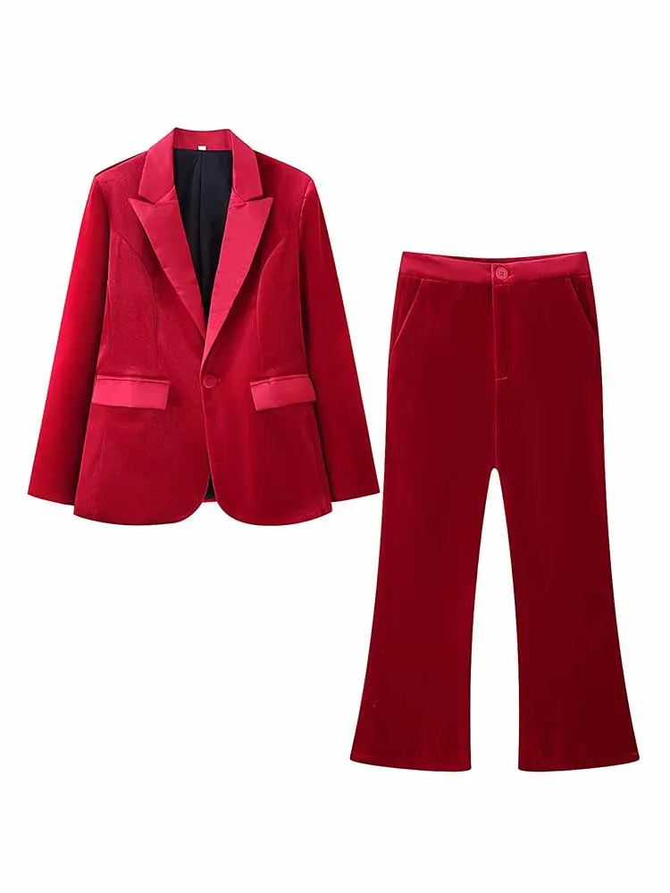 Damski wiosenny komplet: marynarka z długim rękawem z aksamitu w jednolitym kolorze + spodnie garniturowe z guzikami, uniwersalny dwuczęściowy zestaw.