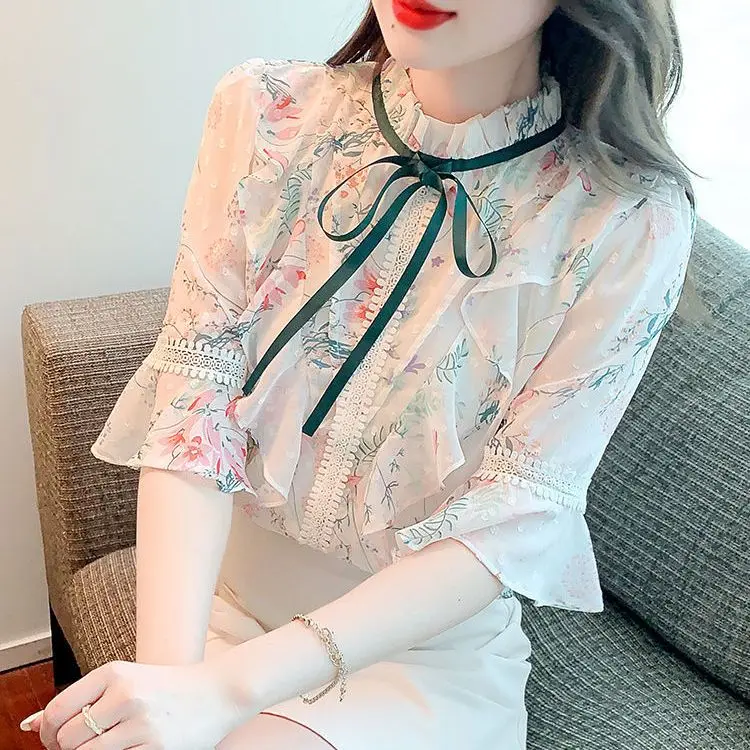 

Шифоновая рубашка с бантом для женщин и топы с короткими рукавами с рюшами, маленькие модные