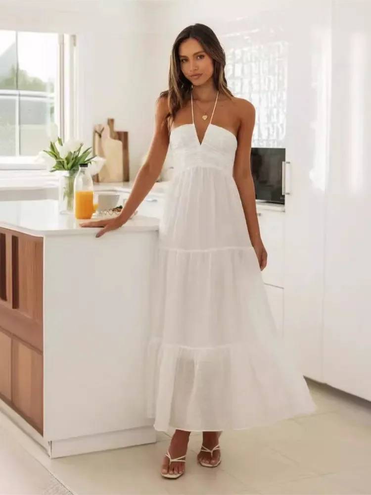 Abiti con scollo all'americana con stampa floreale Temperamento da donna Sexy con spalle scoperte Scollo a V Abito lungo senza schienale Abiti estivi da donna per le vacanze