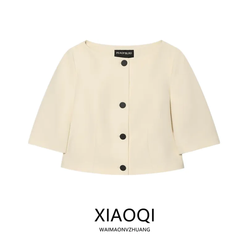 

New 2026 Summer Women's Short Jacket Seven-Sleeve One-Shoulder Versatile Outerwear Commute Style Button Closure Chinese Origin