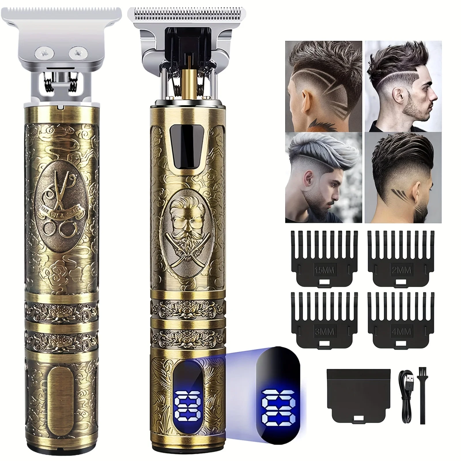 Men's Electric T-Blade Hair Trimmer Kit - Cordless, USB Rechargeable with LED Display, Vintage Golden Design, Includes Combs