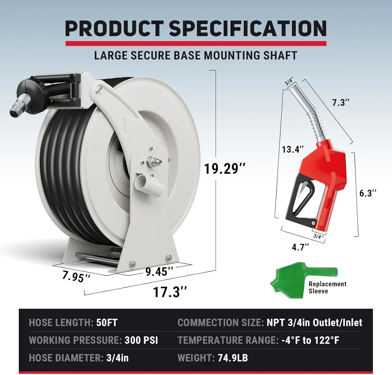 

Катушка для топливного шланга 3/4 x 50 футов, выдвижная, с топливным соплом, катушка для дизельного шланга, 300 фунтов на квадратный дюйм, промышленная, автоматическая, поворотная, сверхмощная, 2025 НОВИНКА
