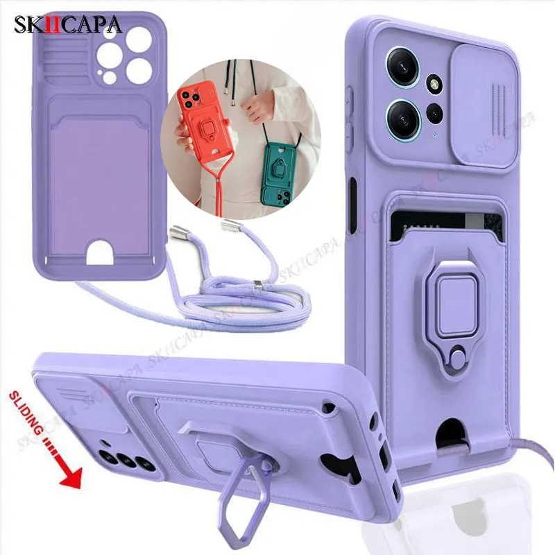 Slide Lens Card Slot Case for Xiaomi Redmi Note 13 Pro 4G 5G Note 12 Pro 11 10Pro Max 10s Crossbody Lanyard Strap Silicone Cover