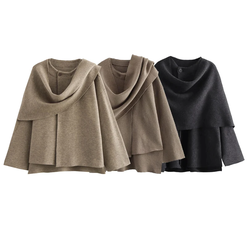 HXAO Knit Cape Coat Women's Jacket New In Coats & Jackets Cloak Cut Out Long Sleeve Cardigan Asymmetric Scarf Cropped Outerwears
