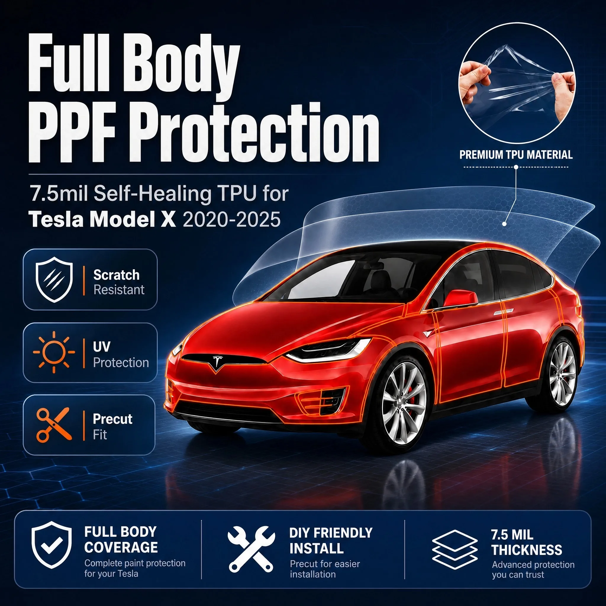 For 2020-2025 Tesla Model X Paint Protection Film TPU Pre Cut Clear Bra Anti Scratch 9Mil Transparent Car Body Cover Accessories