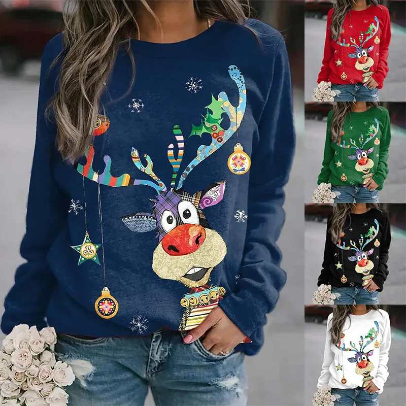 Camisola de natal feminino outono inverno o-pescoço pulôver solto manga comprida impressão jumpers quente malha camisola feia camisola topos