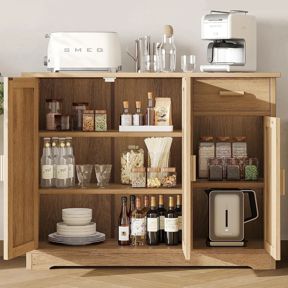 Bar Storage Cabinet, Sideboard Buffet Cabinet with Rattan Decorated Doors, Farmhouse Console Table with Drawer, Natural