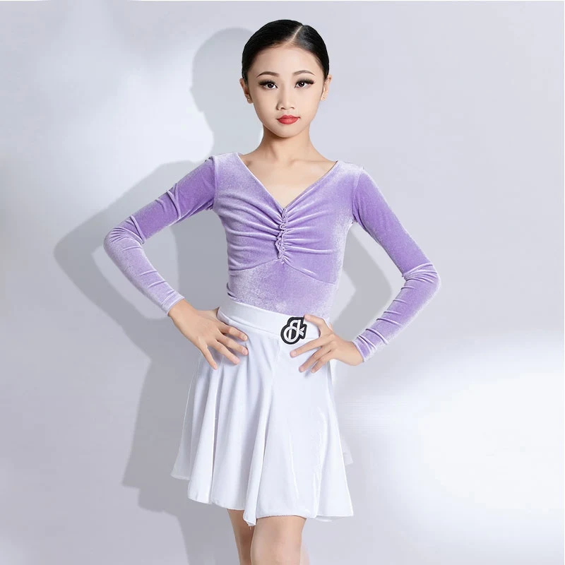 

Платье для латинских танцев для девочек, одежда для танцев чача-румба, бархатный топ, юбка, костюмы для выступлений, тренировочная одежда, сценическая одежда DQL11570