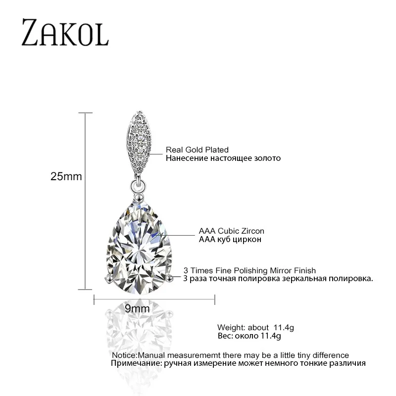 ZAKOL Nickle Free Fashion Water Drop Zircon Dangle Earrings for Women Simple Crystal Bridal Wedding Jewelry Wholesale EP2040