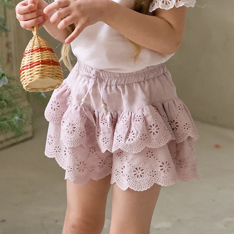 Girls' Shorts 2026 Summer New Arrival: Pink Fashionable Embroidered Openwork Wide-Leg Shorts, Cute Korean-Style Cotton Skirt