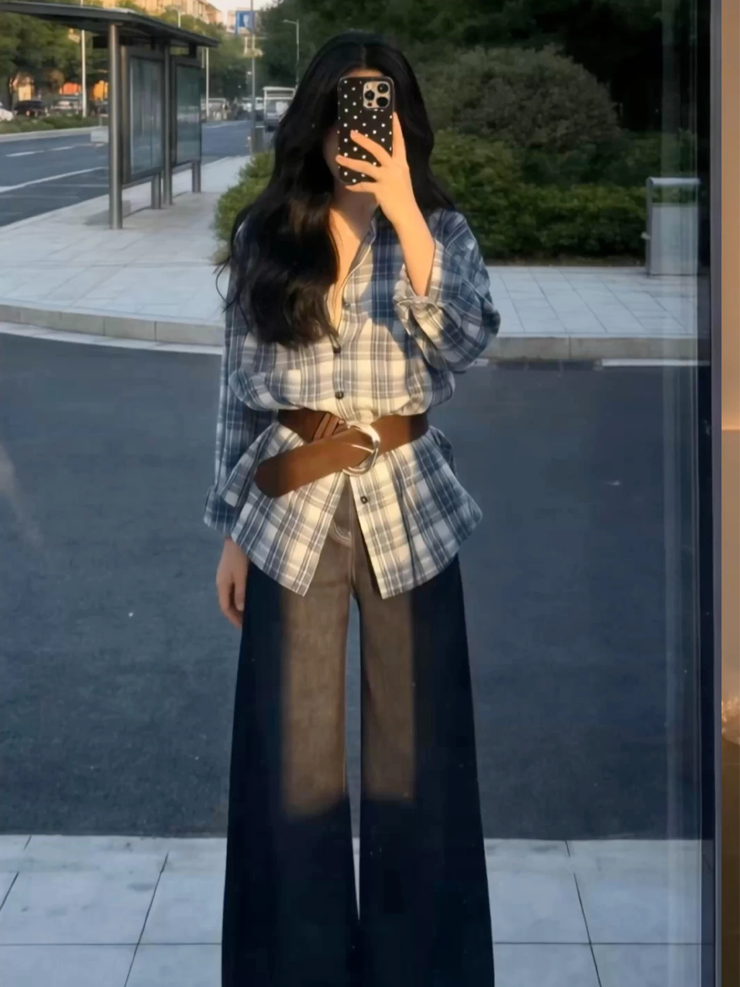 

Korean Sle Plaid irt Women's Spring Faion Slim Fit Collar Long Sve Belted Waist Cinching Breathable Comfortable