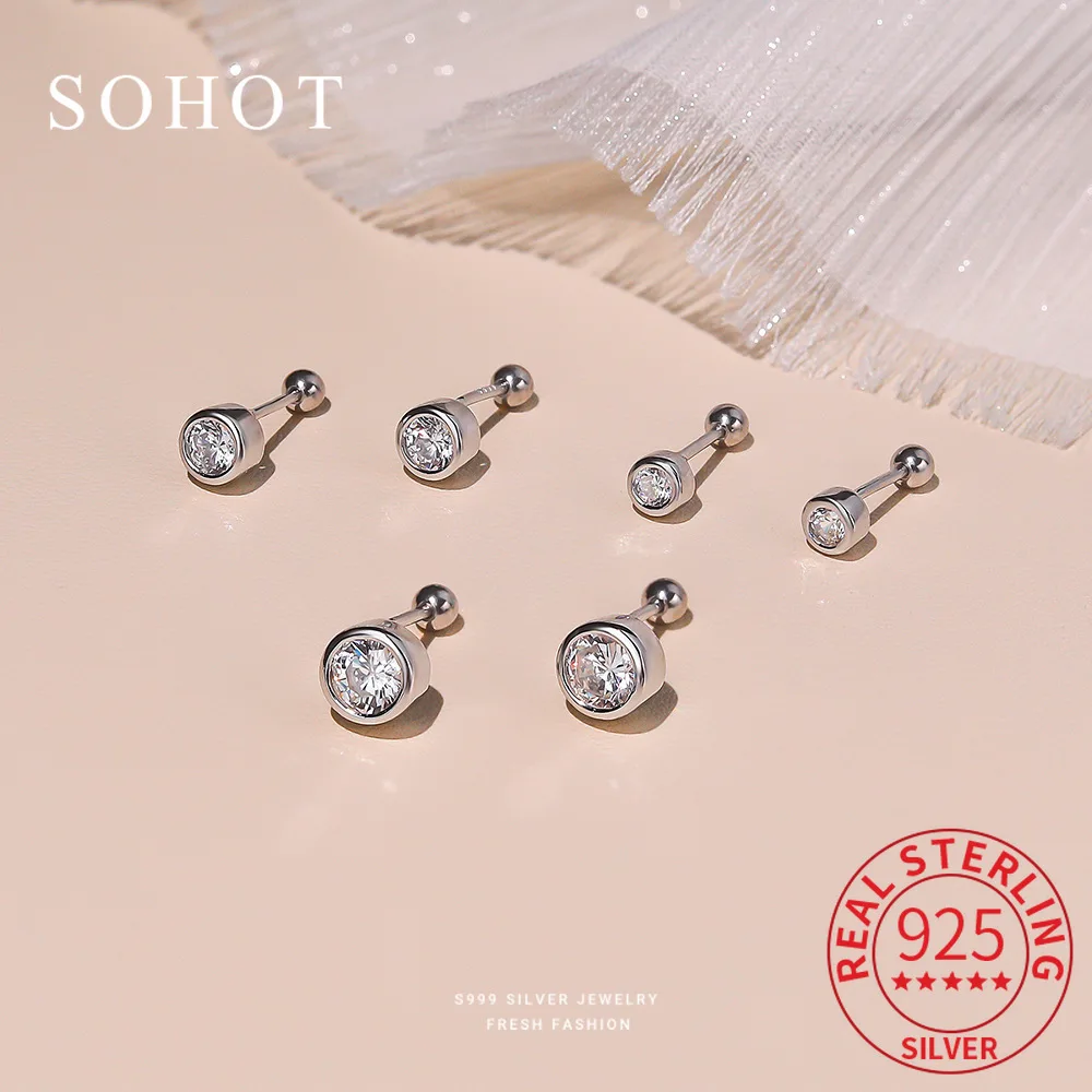 

Real 925 Sterling Silver Piercing Screw Bead Zircon Mini Stud Earrings for Charm Women Cute Fine Jewelry Sparkling Accessories