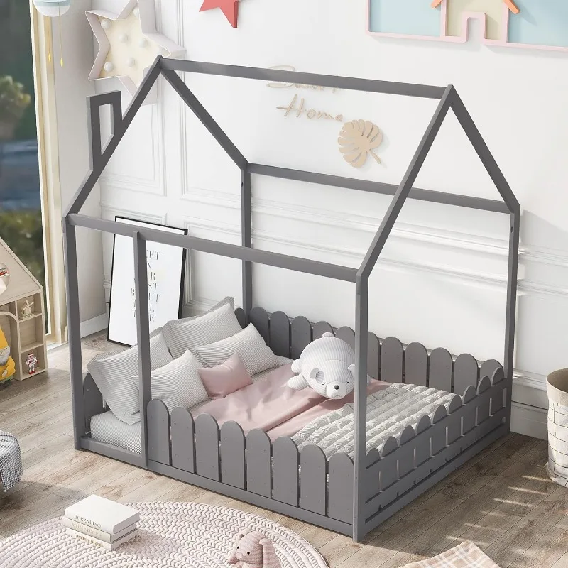 Kinderbed huisvormig, lage bedden voor peuters, houten platformbedframe voor kinderen, boxspring nodig, eenvoudig te monteren