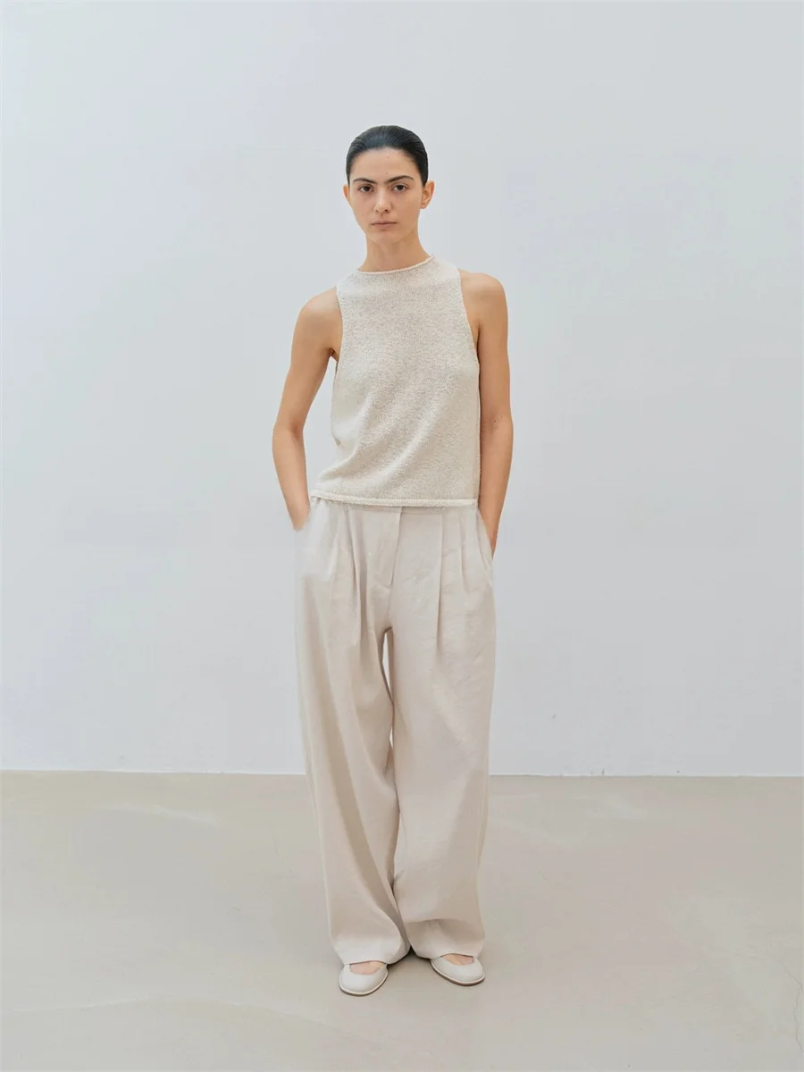 

Moia High Waist Loose Fit Casual Trousers Pure Color Linen Blend Spring New Arrival Women's Comfortable Breathable Pants