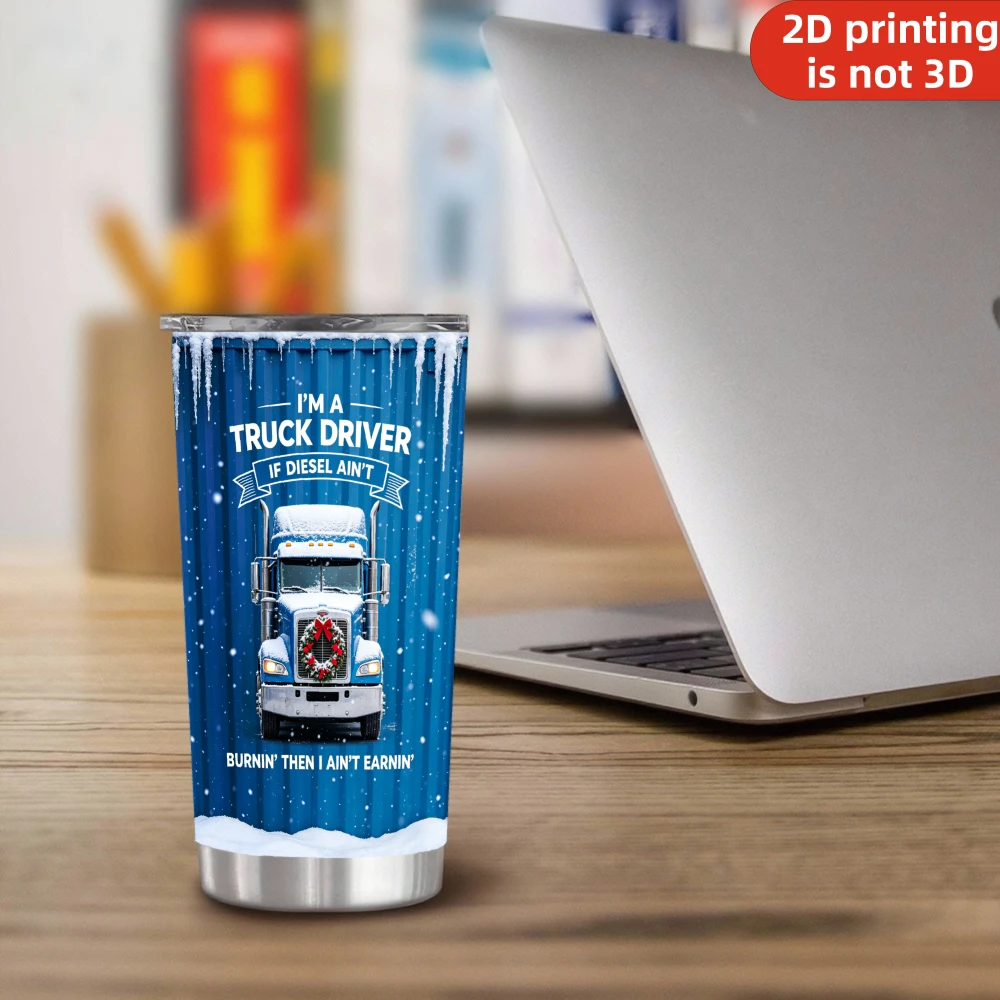 20oz Truck Driver Printed Stainless Steel Tumbler with Lid and Straw, Winter Semi Truck Diesel Big Rig Vacuum Insulated Travel Coffee Mug Gifts for Men